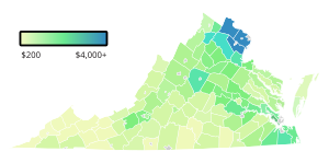 A map of Virginia colored green to blue based on how much property tax was paid, from $200 to $4,000+.