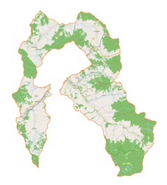 Mapa konturowa gminy wiejskiej Mszana Dolna, u góry nieco na prawo znajduje się punkt z opisem „Stacja Narciarska Kasina”