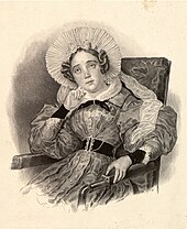 Sketch of a young woman seated in a straight-backed chair wearing a pleated, belted dark dress and a large ruffled bonnet.