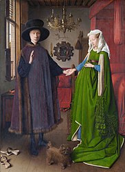 Painting featuring a woman in a green houppeland.