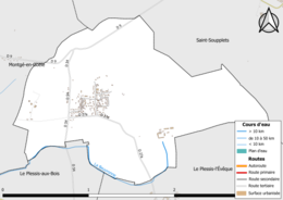 Carte en couleur présentant le réseau hydrographique de la commune