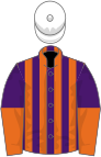 Purple and orange stripes, halved sleeves, white cap