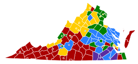 Virginia counties colored either red, blue, yellow, green, or purple based on the populations most common ancestry. The south-east is predominantly purple for African American, while the west is mostly red for American. The north has yellow for German, with two small areas green for Irish. Yellow is also found in spots in the west. A strip in the middle is blue for English.