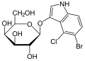 Deutsch: Struktur von 5-Brom-4-chlor-3-indoxyl-β-D-galactopyranosid (X-Gal) English: Structure of 5-bromo-4-chloro-3-indolyl-β-D-galactopyranoside (X-Gal)