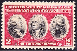 150th anniversary of the siege of Yorktown stamp featuring Rochambeau, Washington, and de Grasse, issued in 1931