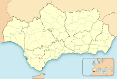 Mapa konturowa Andaluzji, na dole znajduje się punkt z opisem „Torremolinos”