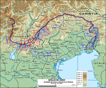 Situació del front italià entre el 1915 i el 1917. En blau les conquestes inicials dels italians