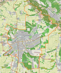 Mapa konturowa Ługańska, blisko centrum po lewej na dole znajduje się punkt z opisem „Stadion Awanhard”