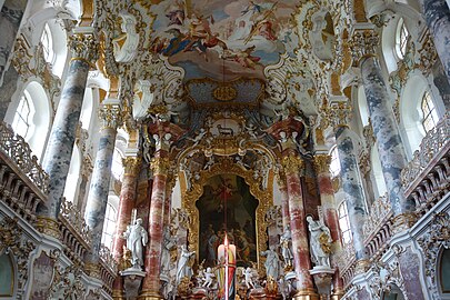 Rococo reinterpretations of the Corinthian order in the Pilgrimage Church of Wies, Steingaden, Germany, by Dominikus and Johann Baptist Zimmermann, 1746-1754[23]