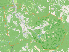 Mapa konturowa miasta Wisła, blisko centrum po lewej na dole znajduje się punkt z opisem „Łabajów K65”