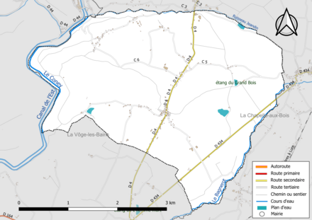 Carte en couleur présentant le réseau hydrographique de la commune