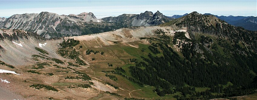 Old Desolate, Sluiskin Mountain, and Skyscraper Mountain from the southeast