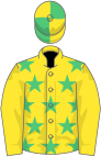 Yellow, emerald green stars, yellow sleeves, quartered cap