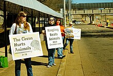 Attivisti che protestavano fuori dal Ringling Brothers Barnum and Bailey Circus al Civic Coliseum di Knoxville, Tennessee.