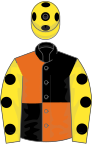 Black and orange (quartered), yellow sleeves, black spots, yellow cap, black spots