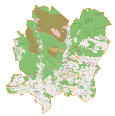 Mapa konturowa powiatu bolesławieckiego, na dole po prawej znajduje się punkt z opisem „Raciborowice Górne”