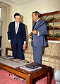 Caspar Weinberger meets with King Hassan II in his office in the Pentagon (May 20, 1982).