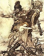 Reuzen nemen Freya mee als beloning (voor het bouwen van de Walhallaburcht) uit Wagners Das Rheingold, Arthur Rackham, 1910.