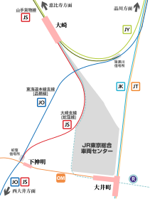 大崎駅付近にて、東海道本線（品鶴線）と接続される