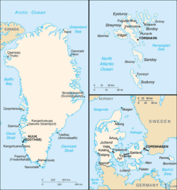 Searah jarum jam dari kiri atas (ukuran tidak sesuai skala): peta Greenland, Kepulauan Faroe, Denmark