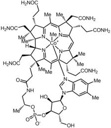 ▵ Structuurformule van methylcobalamine, met 'Me' voor methyl (CH3)