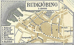 Map of Rudkøbing in 1900. Note the archaic spelling of the town's name.