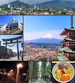 Fujiyoshida montage, Top: Fuji-Q Highland amusement park, Middle above left: Mount Fuji Radar Dome, Middle row left: Gold Torii Gate, Middle right: Mount Fuji and a pagoda in Arakurayama Sengen Park, Bottom left: Fujiyoshida Firework Festival, Bottom middle: a Tree-lined road in Fuji Sengen Shrine [ja], Bottom right: Yoshida Udon Noodle