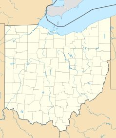 Mapa konturowa Ohio, blisko prawej krawiędzi nieco u góry znajduje się punkt z opisem „Youngstown”