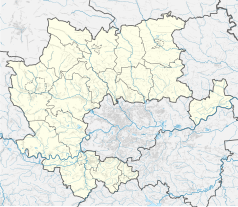 Mapa konturowa powiatu krakowskiego, u góry po lewej znajduje się punkt z opisem „Sułoszowa”