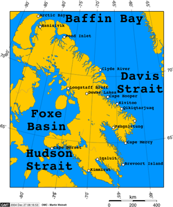 Carte de la terre de Baffin avec le détroit de Davis à l'est.