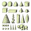 Boules, cloches, dômes, cônes, cylindres et pyramides tronqués, pyramidions, cubes, spirales.