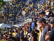 People standing in the bleachers of a stadium