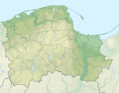 Mapa konturowa województwa pomorskiego, blisko centrum u góry znajduje się owalna plamka nieco zaostrzona i wystająca na lewo w swoim dolnym rogu z opisem „Jezioro Klasztorne Duże”