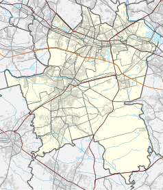 Mapa konturowa Katowic, blisko centrum u góry znajduje się punkt z opisem „Biurowiec Wojewódzki”