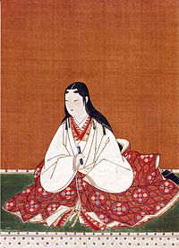 A drawing of a woman sat on a tatami mat wearing a number of layered white and red kosode.