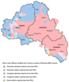 Mappa etnica dei Distretti di Harghita, Covasna e Mureș in base ai dati del 2002, indicante le zone con maggioranza ungherese (Siculi).