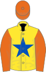 Yellow, royal blue star, orange sleeves and cap