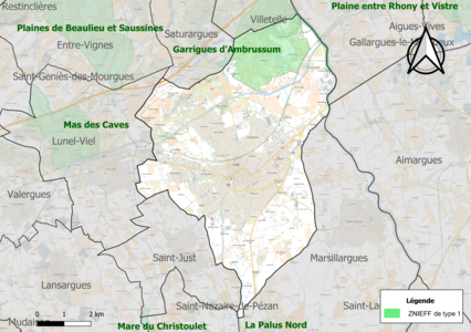 Carte des ZNIEFF de type 1 sur la commune.