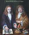 'Hooke and Pepys'. Robert Hooke's sensational book 'Micrographia' was published in 1665. He made drawings which were turned into engravings of what he could see down a microscope he had made himself. Samuel Pepys bought a copy and said it was the most ingenious book he had ever read in his life. The most famous image from the book is probably Hooke's drawing of the flea. Oil on board by Rita Greer 2005.