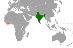 Map indicating locations of India and Ivory Coast