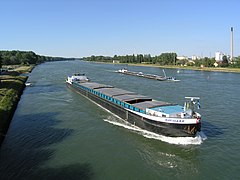 Freight ships on the Rhine at Karlsruhe-Maxau