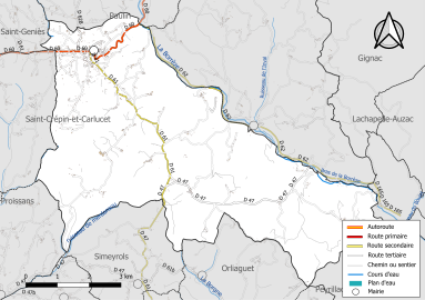 Carte en couleur présentant le réseau hydrographique de la commune