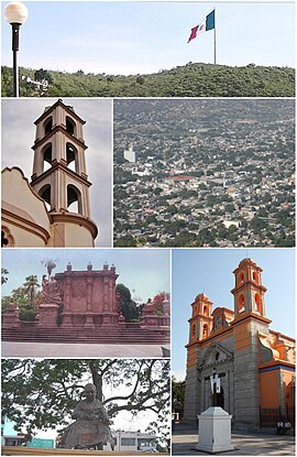 Above, from left to right: Side, Dome, and part of the Parish of San Francisco de Asís, The monumental flag, Parish of San Juan Bautista, Statue of Francisco de Asís in front of the parish and Panoramic from the flagstick in the Hill the Tehuehue.