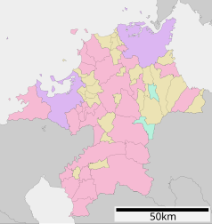 Mapa konturowa prefektury Fukuoka, blisko centrum na prawo u góry znajduje się punkt z opisem „Itoda”