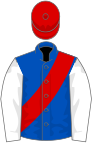 Royal blue, red sash, white sleeves, red cap