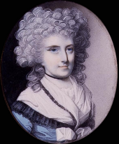 Portrait of a woman with a fancy large and curled hair style dressed in a blue gown with a broad white collar in an early 18th-century style