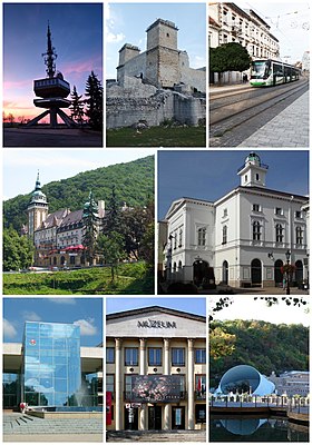 Horário no canto superior esquerdo: Torre de tv de Avas, Castelo de Diósgyőr, Rua Széchenyi, Teatro Nacional de Miskolc, Banho de caverna, Museu Ottó Herman, Universidade de Miskolc, Hotel Palácio de Lillafüred