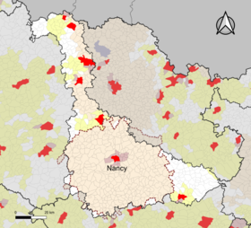 Localisation de l'aire d'attraction de Nancy dans le département de Meurthe-et-Moselle.