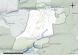 Carte en couleur présentant le réseau hydrographique de la commune