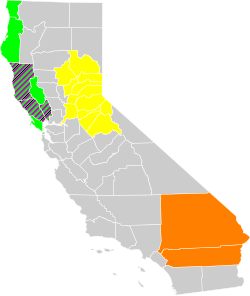 カリフォルニア州の経済的地域図、黄色がゴールドカントリー